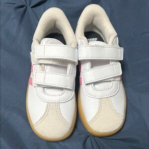 adidas Kids White Sneakers with Pink Stripes and Gum Sole